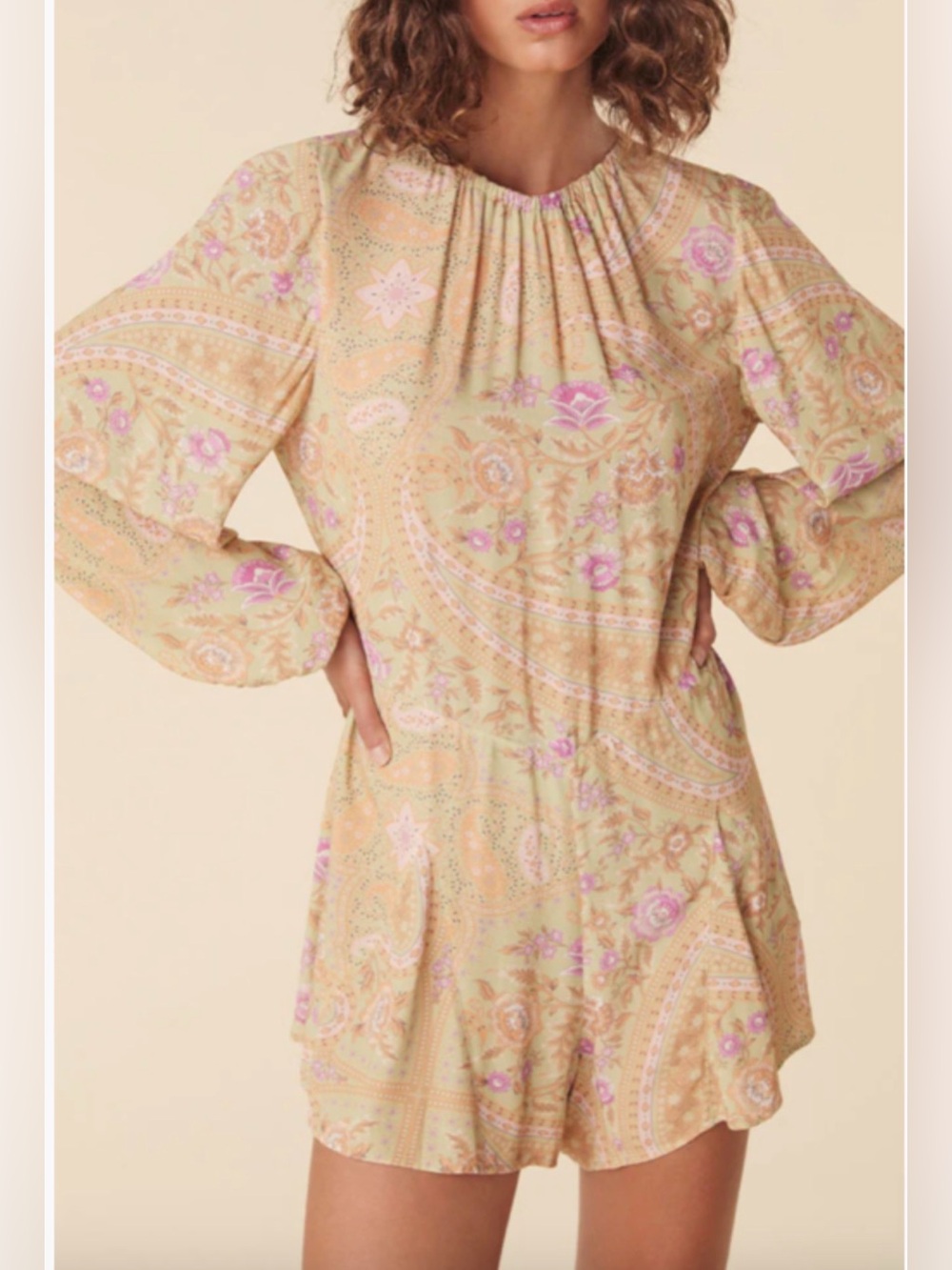 Spell Designs Belladonna Romper XS Dusty Olive Floral Open Back Tassel Boho $229